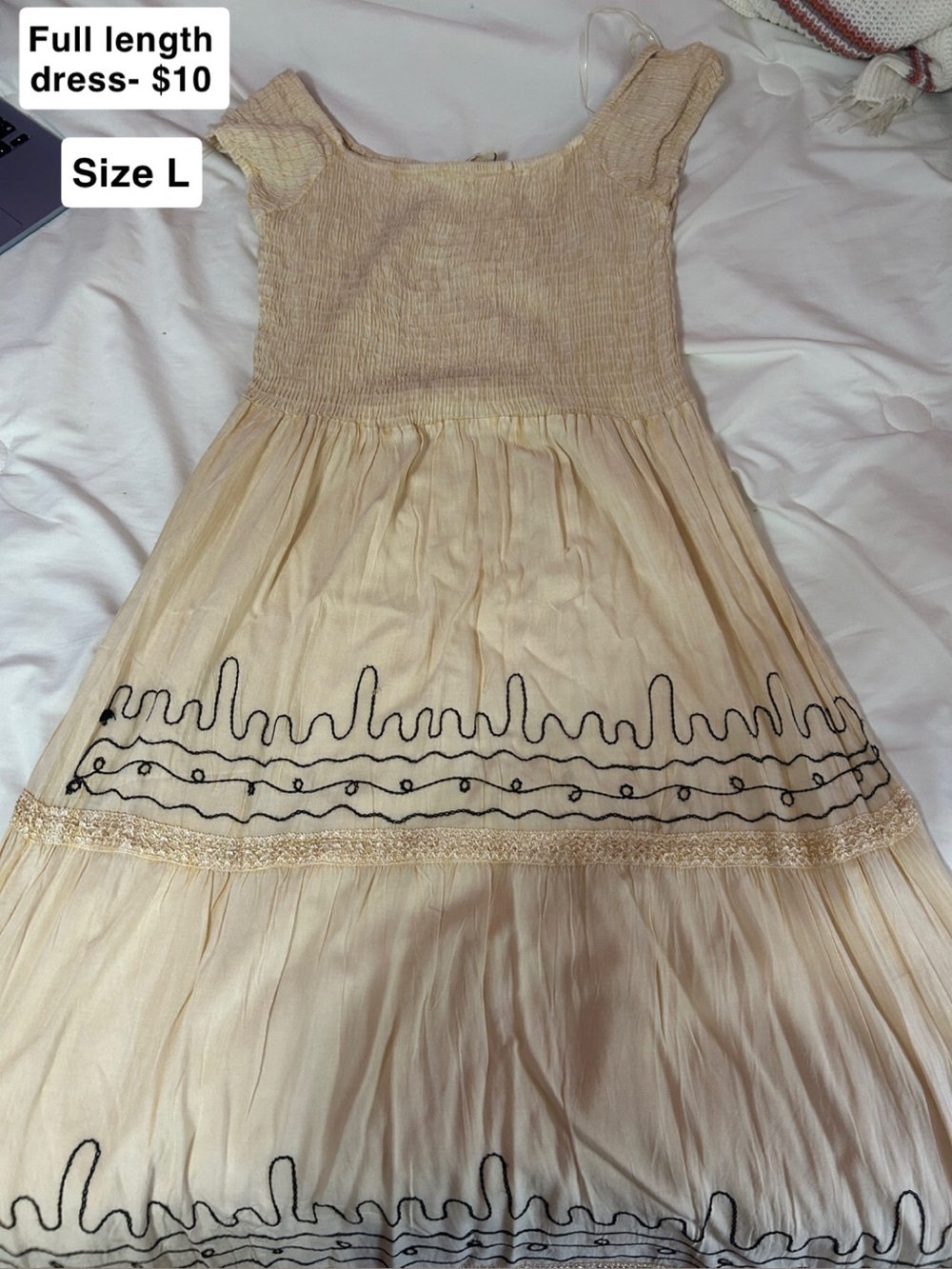 Cream Tiered Maxi Dress with Black Embroidery